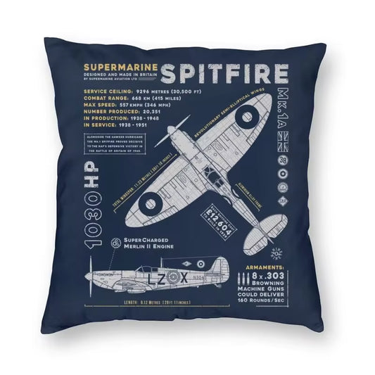 Supermarine Spitfire Cushion Cover Fighter Pilot Aircraft Airplane Plane Throw Pillow Case for Car Cool Pillowcase Decoration