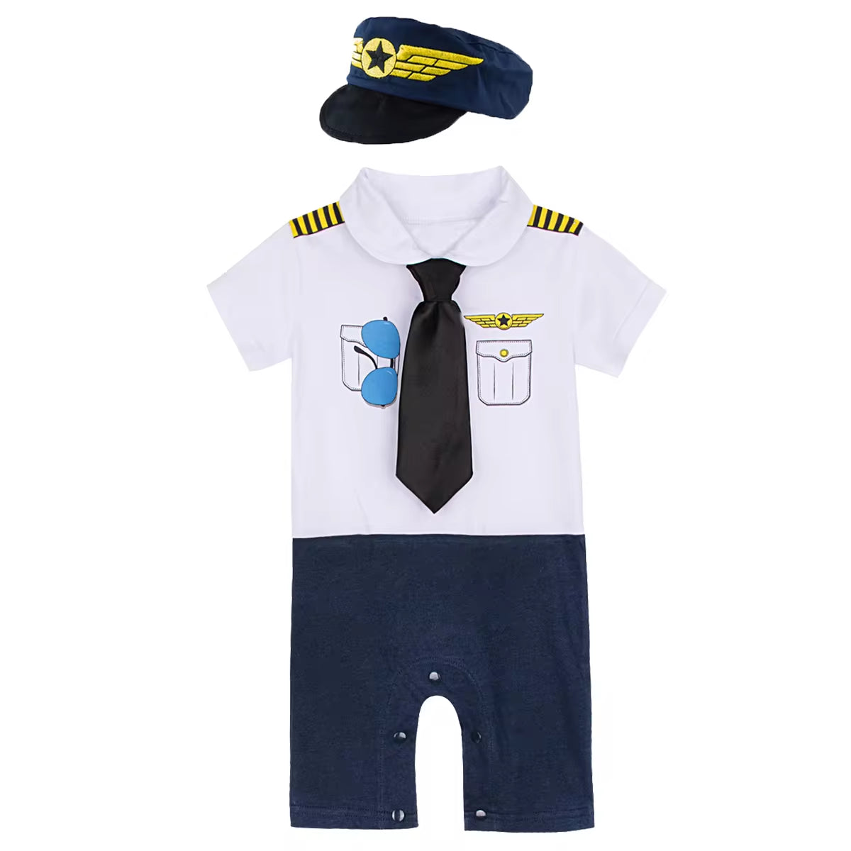 Baby Boys Pilot Romper Halloween Outfits Infant Cosplay Jumpsuit Toddler Clothing Sets with Tie Hat Newborn Outfits