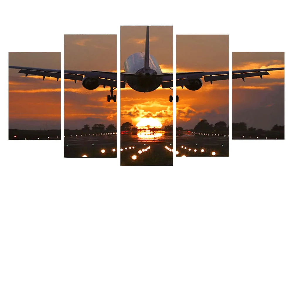 5-Panel Canvas Art – Airplane Takeoff Landscape, Nordic Wall Decor for Home or Bedroom