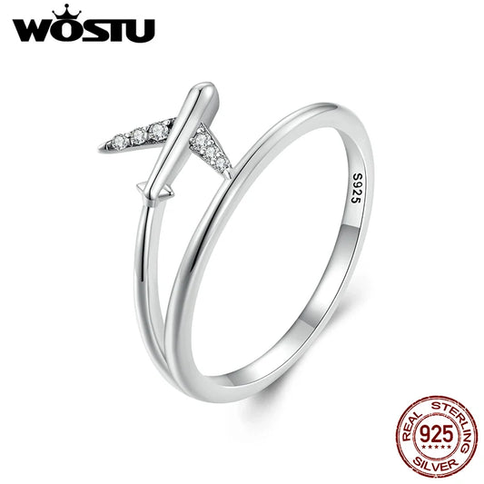 WOSTU 925 Sterling Silver Platinum Airplane Double layer Rings Women Shiny Zircon Aircraft Ring Party Jewelry Girl Holiday Gift