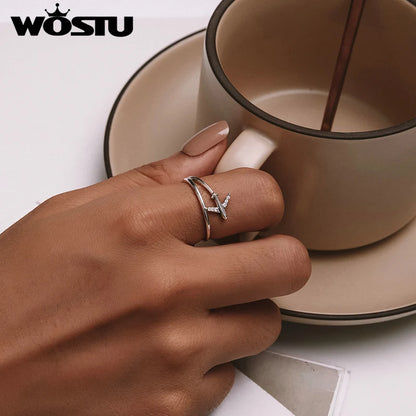 WOSTU 925 Sterling Silver Platinum Airplane Double layer Rings Women Shiny Zircon Aircraft Ring Party Jewelry Girl Holiday Gift