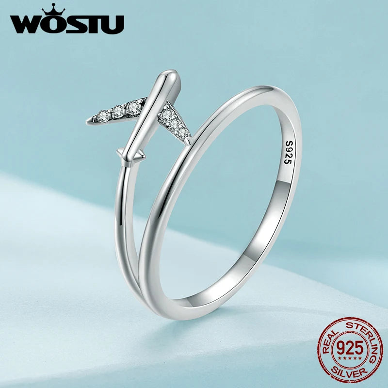 WOSTU 925 Sterling Silver Platinum Airplane Double layer Rings Women Shiny Zircon Aircraft Ring Party Jewelry Girl Holiday Gift