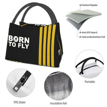 Born To Fly Flight Pilot Thermal Insulated Lunch Bag Aviation Aviator Captain Lunch Tote Box for Women School Picnic Food Bags