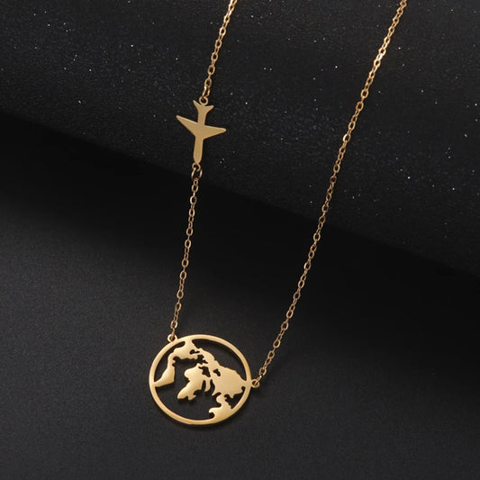 My Shape Aircraft World Map Pendant Necklaces for Women Men Hollow Map Airplane Stainless Steel Chain Choker Jewelry Travel Gift