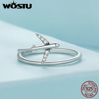 WOSTU 925 Sterling Silver Platinum Airplane Double layer Rings Women Shiny Zircon Aircraft Ring Party Jewelry Girl Holiday Gift