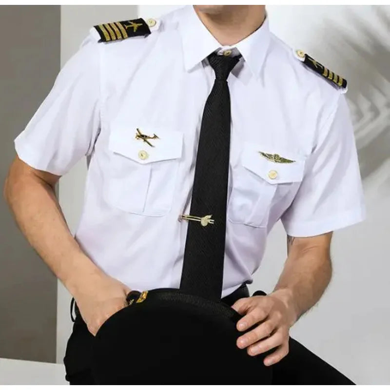 Chemise d'uniforme de pilote d'été pour hommes, capitaine de l'aviation, manches courtes, hauts blancs de travail