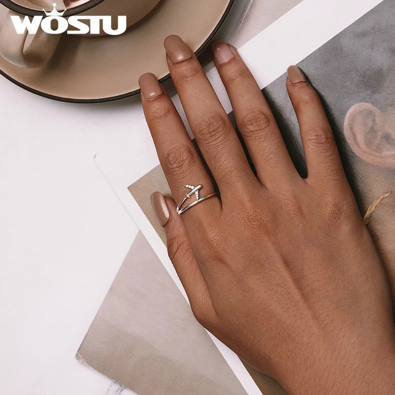 WOSTU 925 Sterling Silver Platinum Airplane Double layer Rings Women Shiny Zircon Aircraft Ring Party Jewelry Girl Holiday Gift