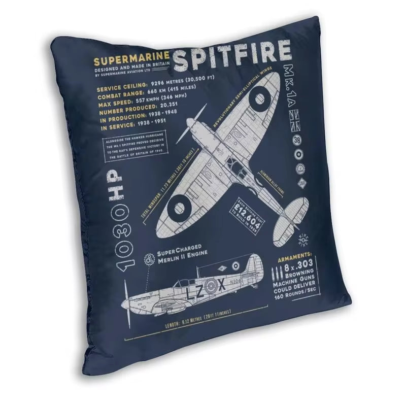 Supermarine Spitfire Cushion Cover Fighter Pilot Aircraft Airplane Plane Throw Pillow Case for Car Cool Pillowcase Decoration